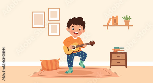 Young Boy Joyfully Playing Guitar At Home With Happiness And Enthusiasm