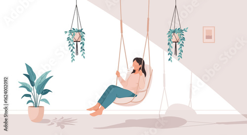 Woman Relaxing On A Hanging Chair Surrounded By Indoor Plants Illustration