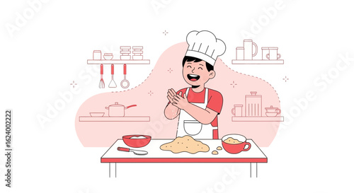 Young Boy Preparing Dough In The Kitchen Ready To Make Delicious Baked Goods