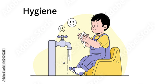 Young Boy Practicing Hand Washing At The Sink For Personal Hygiene