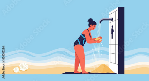 Woman Rinse Sand Off Body At Beach Shower During Summer Holiday
