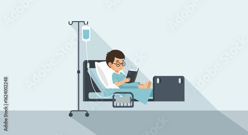 Young Boy Reading Book In Hospital Bed Receiving Intravenous Therapy Treatment