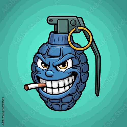 A bold grenade with a smirk and a cigarette, this cheeky cartoon illustration reflects a fun and youthful vibe, appealing to those who appreciate quirky designs.
