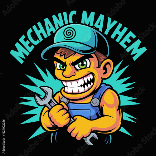 A charming and playful mechanic character brandishing tools, capturing the essence of hands-on trade work with a comical twist, suitable for fun and engaging automotive themes.