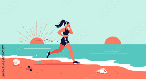Woman Runs Along The Coastline At Sunrise With Headphones On Illustration