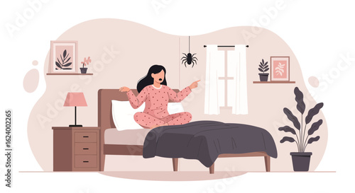 Woman scared of a spider in bedroom interior illustration portraying fear and surprise