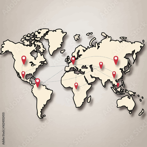 This map artfully illustrates important global locations with vibrant markers and delicate connections, evoking thoughts of exploration and wanderlust.