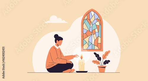 Woman Sitting Meditating With Stained Glass Window And Candle Illustration