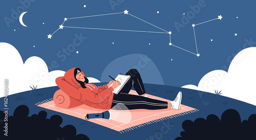 Woman sketching constellations under the night sky in a serene artistic moment