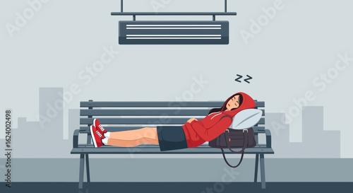 Woman Sleeping On A Bench At The Station Wearing Casual Clothes And Red Shoes