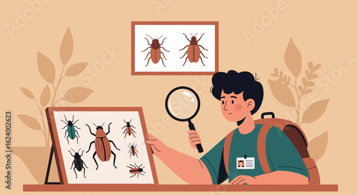 Young Entomologist Studies Preserved Insects With Magnifying Glass at Home