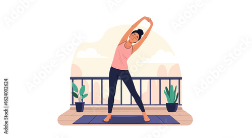 Woman Stretching On Balcony In The Morning Doing Yoga For Healthy Lifestyle