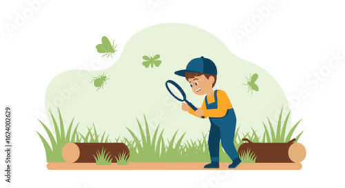 Young Entomologist Exploring Nature With A Magnifying Glass Discovery