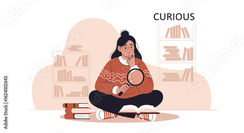 Woman Studying With A Magnifying Glass In Front Of Her Home Library