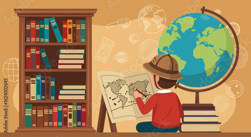 Young Explorer Charting His Adventures And Planning Future Journeys At Home