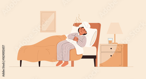 Woman Suffering From Fever With Flu In Bed At Home Resting And Ill