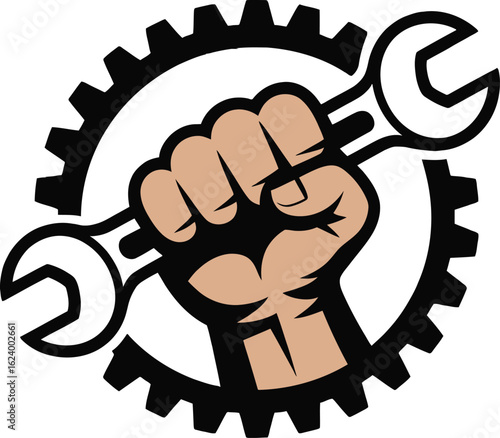 Fist Holding Wrenches Inside a Gear Symbol hand spanner