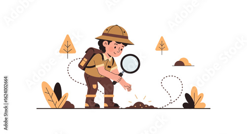 Young Explorer Discovers Nature With Magnifying Glass In Illustrated Scene