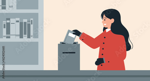 Woman Submitting a Book into Collection Box Depicting Donation Concept