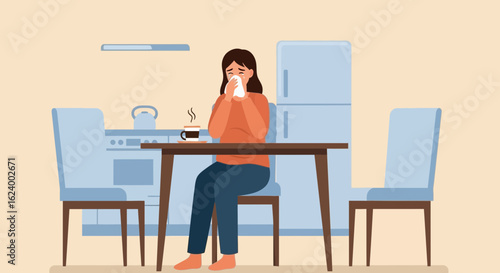 Woman Suffering From Cold At Home Trying To Recover With Hot Drink