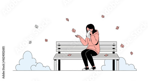 Woman Suffering From Seasonal Allergies On A Park Bench In Autumn