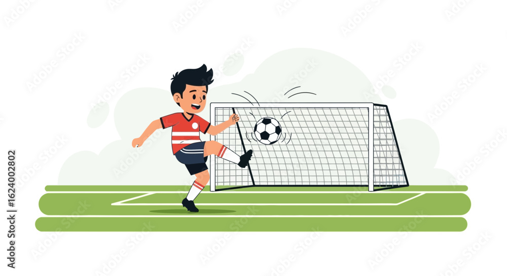 Fototapeta premium Young Footballer Kicking Ball Towards Goal Scoring Vector Graphic Illustration