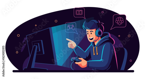 Young gamer engrossed in online gameplay at night with headphones and controller with neon light