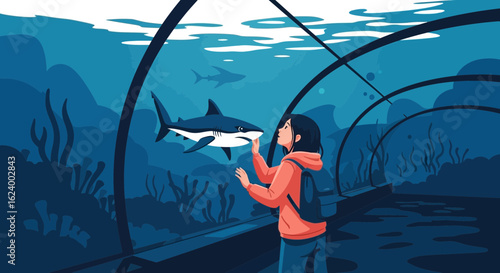 Young Girl Amazed By Shark In An Underwater Viewing Tunnel At The Aquarium