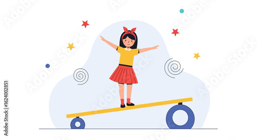 Young Girl Balancing On A Seesaw With Stars And Spirals Background