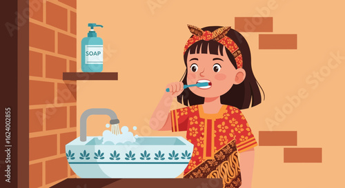 Young Girl Brushing Teeth In Bathroom With Traditional Outfit Graphic Design