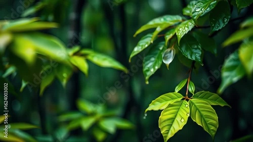Wallpaper Mural Raindrops glisten on lush green leaves in a dense forest as a light shower falls during the tranquility of early morning hours filled with fresh scents Torontodigital.ca