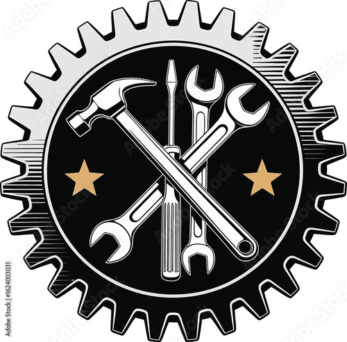 Gear Emblem With Tools Screwdriver And Stars In Black And White