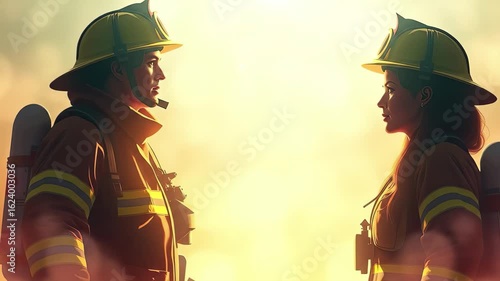 Wallpaper Mural Two firefighters stand facing each other during a sunset showcasing their commitment to service and teamwork in firefighting and rescue operations Torontodigital.ca