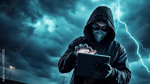 Wallpaper Mural A cloaked figure wearing sunglasses and a face mask interacts with a tablet while standing under a dark sky illuminated by lightning during a storm Torontodigital.ca