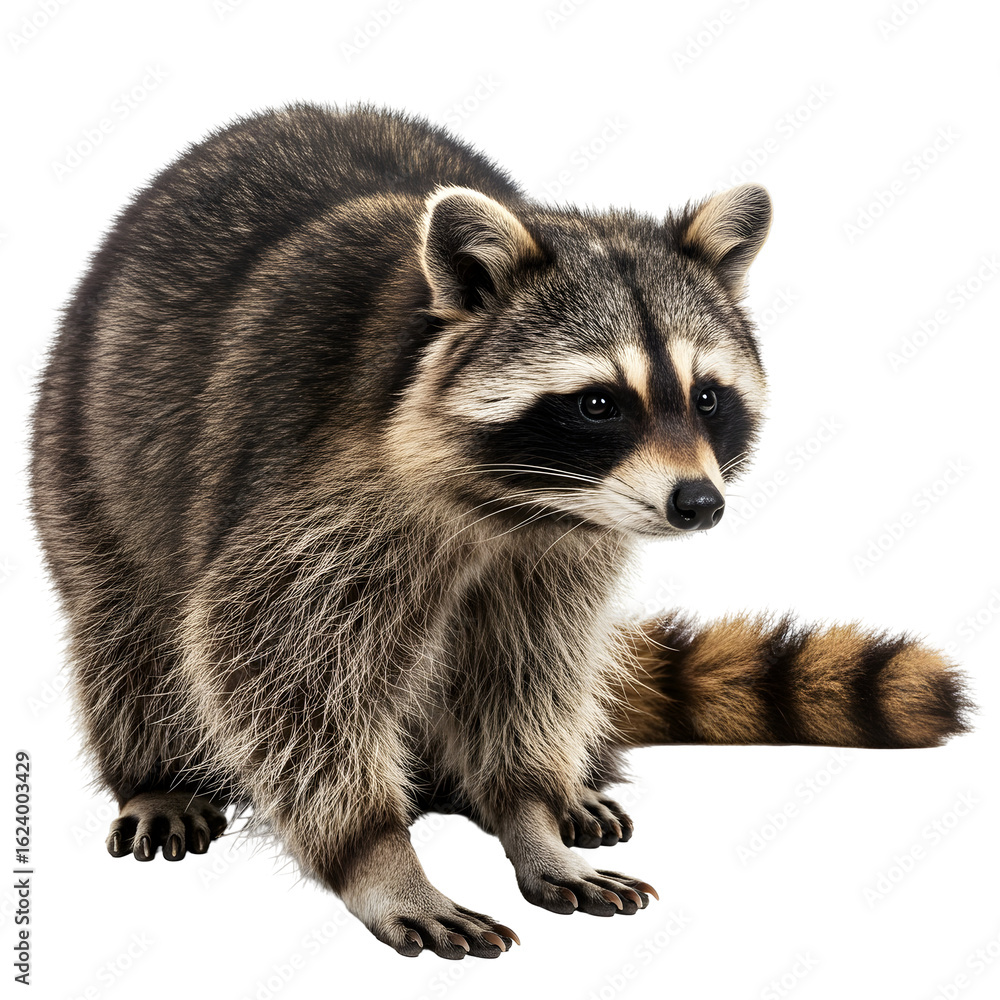 Fototapeta premium A raccoon standing in alert posture, with a charming demeanor, captivating expression, ready to explore or scavenge, with a playful, adventurous spirit.