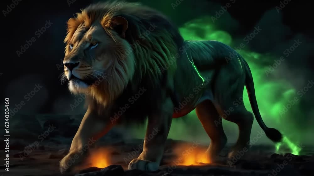 A powerful lion strides confidently across a dark terrain surrounded by vibrant green smoke and flickering embers creating a striking visual effect A powerful lion strides confidently across a dark terrain surrounded by vibrant green smoke and flickering embers creating a striking visual effect