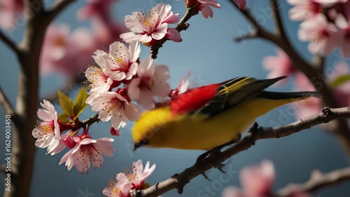 Wallpaper Mural A vibrant yellow bird with red accents sits on a cherry blossom twig surrounded by pink blooms under a clear blue sky during springtime Torontodigital.ca