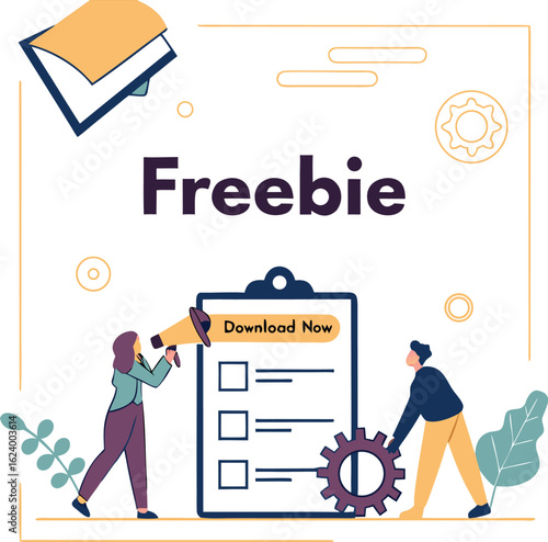 Digital Freebie: A visually engaging digital illustration showcases the concept of a Freebie with a woman holding a megaphone, a man interacting with a gear, and a Download Now checklist.