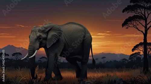 Wallpaper Mural A wise elephant walks through the tall grass of the savanna silhouetted against a vibrant sunset with mountains in the distance embodying tranquility and strength Torontodigital.ca