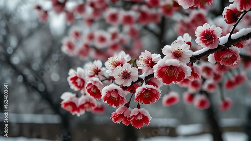 Wallpaper Mural Red cherry blossoms are gently covered in snow with snowflakes falling around them creating a tranquil winter scene Torontodigital.ca
