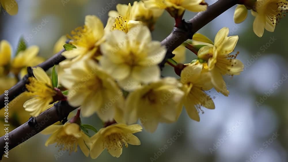Delicate yellow cherry blossoms burst into bloom on a branching tree in a serene garden under clear skies during the spring season inviting admiration from all Delicate yellow cherry blossoms burst into bloom on a branching tree in a serene garden under clear skies during the spring season inviting admiration from all