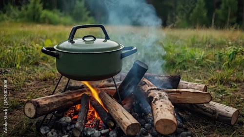 Wallpaper Mural A pot sits on a crackling fire made of firewood surrounded by green grass and trees under a bright blue sky creating a cozy outdoor cooking atmosphere Torontodigital.ca