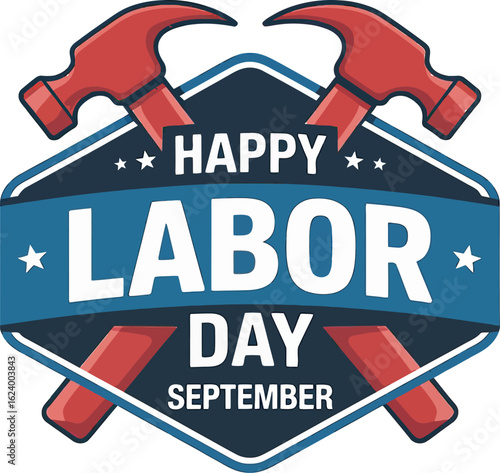 Happy Labor Day Emblem With Crossed Hammers And Stars