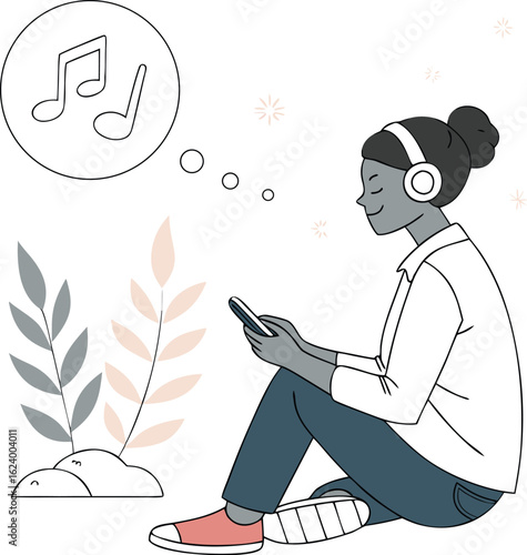 Serene Tunes: A person, headphones perched, finds solace in music, with a mobile device in hand, amidst a minimalist aesthetic and nature.