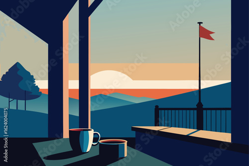  morning coffee on a suburban porch with flag  .eps