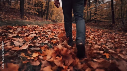 Wallpaper Mural A man strolls along a tranquil woodland path surrounded by vibrant autumn leaves under a warm golden light of evening enjoying natures beauty Torontodigital.ca