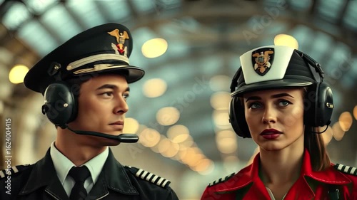 Wallpaper Mural Two service members dressed in distinct uniforms stand side by side inside a bustling airport terminal surrounded by a modern design and warm lighting Torontodigital.ca