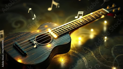Wallpaper Mural A beautifully crafted wooden ukulele is illuminated with soft lights surrounded by floating music notes creating a serene and enchanting atmosphere Torontodigital.ca
