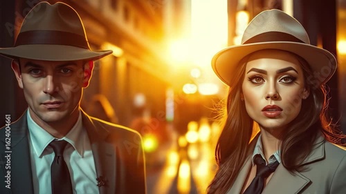 Wallpaper Mural A well dressed couple stands on a city street wearing fashionable hats exuding confidence while the sun sets in the background casting warm light Torontodigital.ca