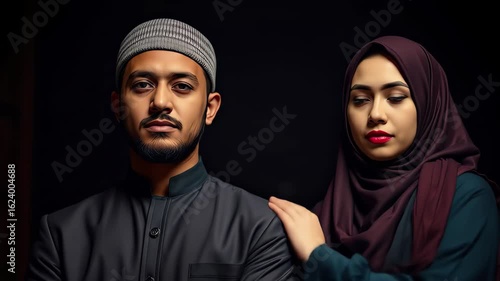 Wallpaper Mural A young Muslim couple stands side by side dressed in stylish cultural attire exuding confidence and elegance set against a dark background Torontodigital.ca